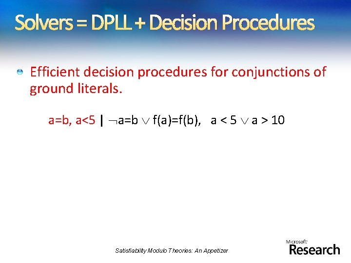Solvers = DPLL + Decision Procedures Efficient decision procedures for conjunctions of ground literals.