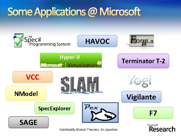 Some Applications @ Microsoft HAVOC Hyper-V Terminator T-2 VCC NModel Vigilante Spec. Explorer SAGE