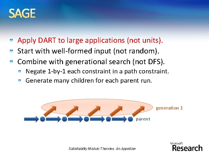 SAGE Apply DART to large applications (not units). Start with well-formed input (not random).