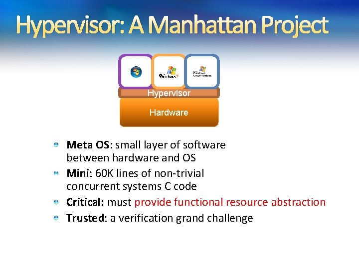 Hypervisor: A Manhattan Project Hypervisor Hardware Meta OS: small layer of software between hardware