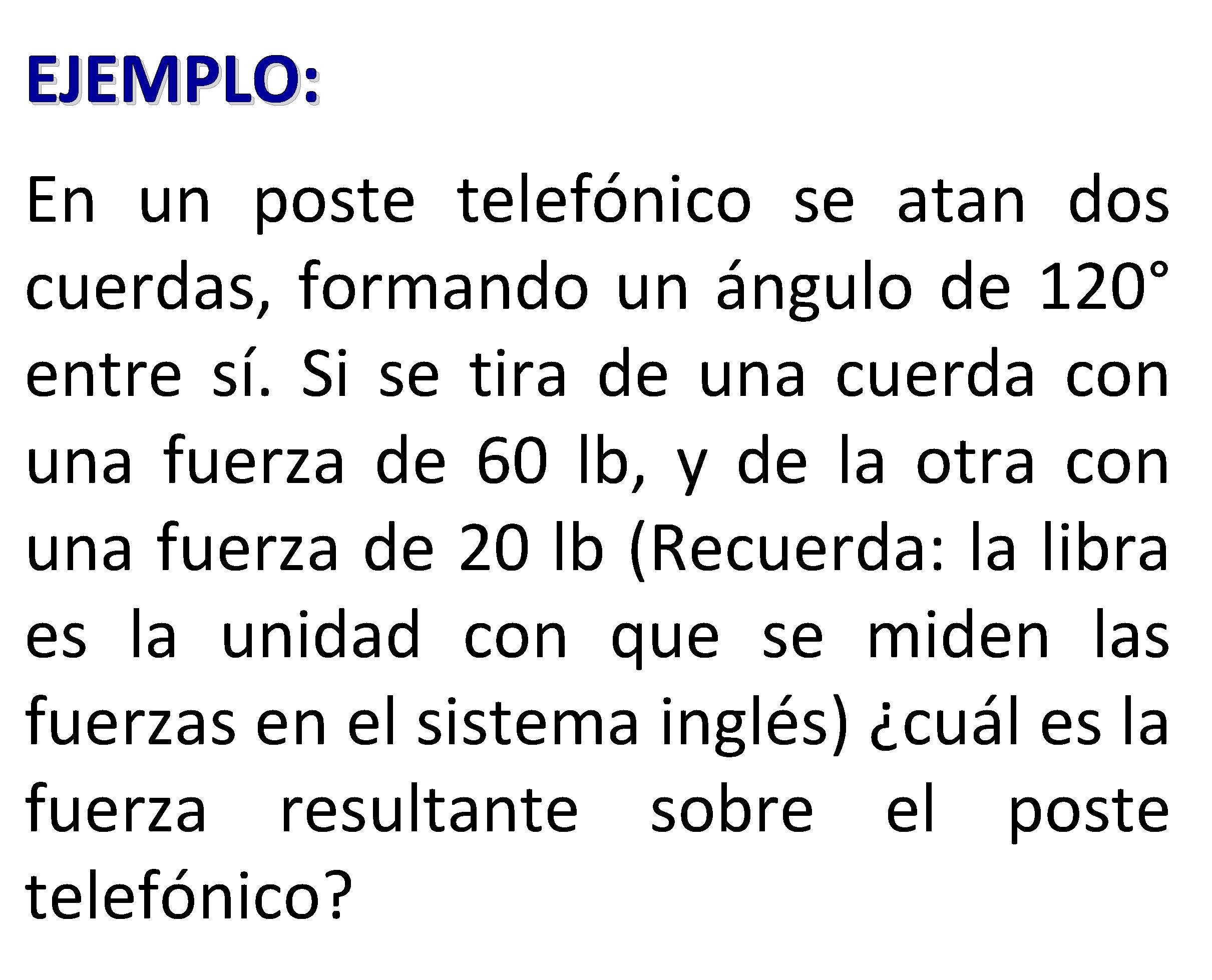 EJEMPLO: En un poste telefónico se atan dos cuerdas, formando un ángulo de 120°