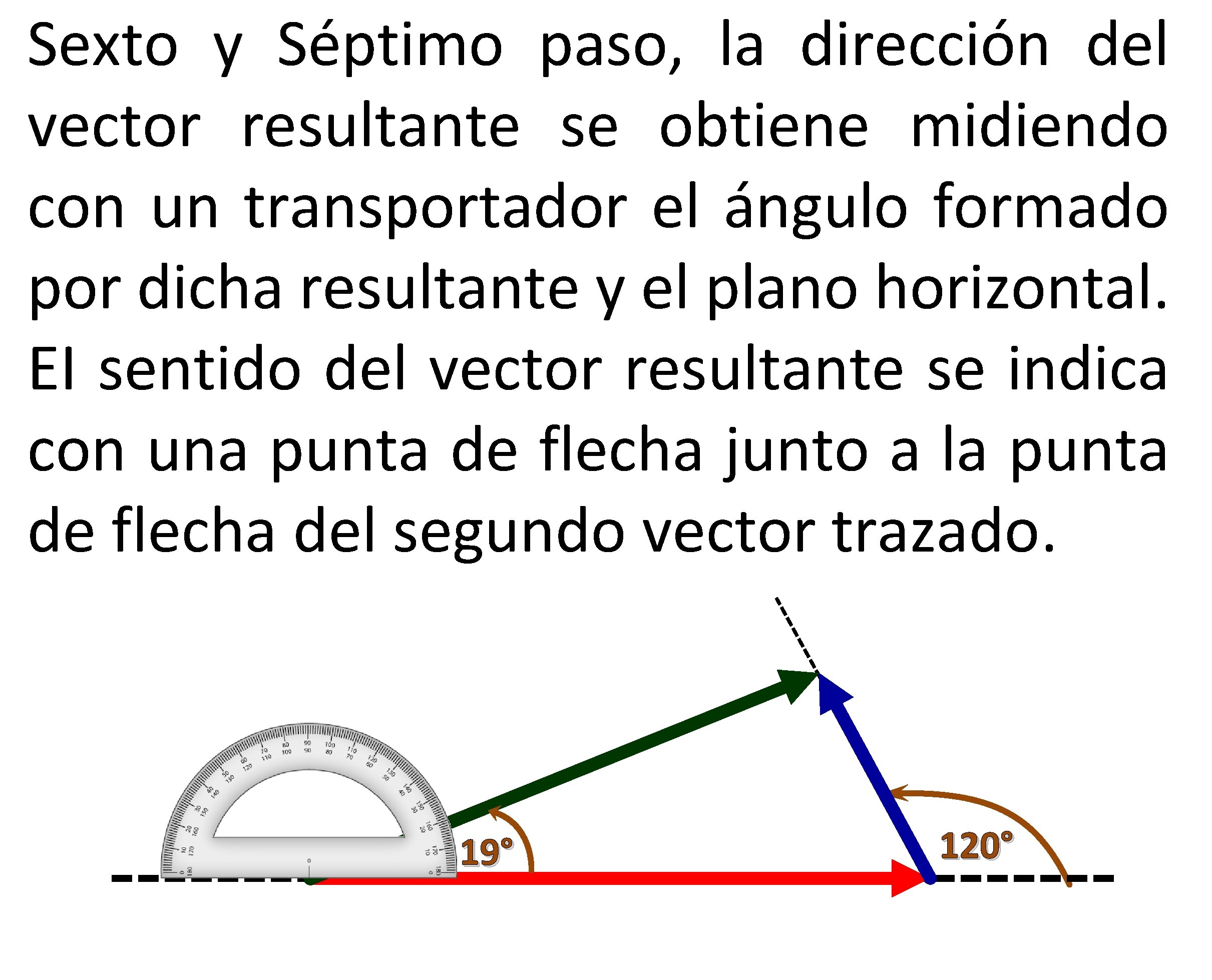 Sexto y Séptimo paso, la dirección del vector resultante se obtiene midiendo con un