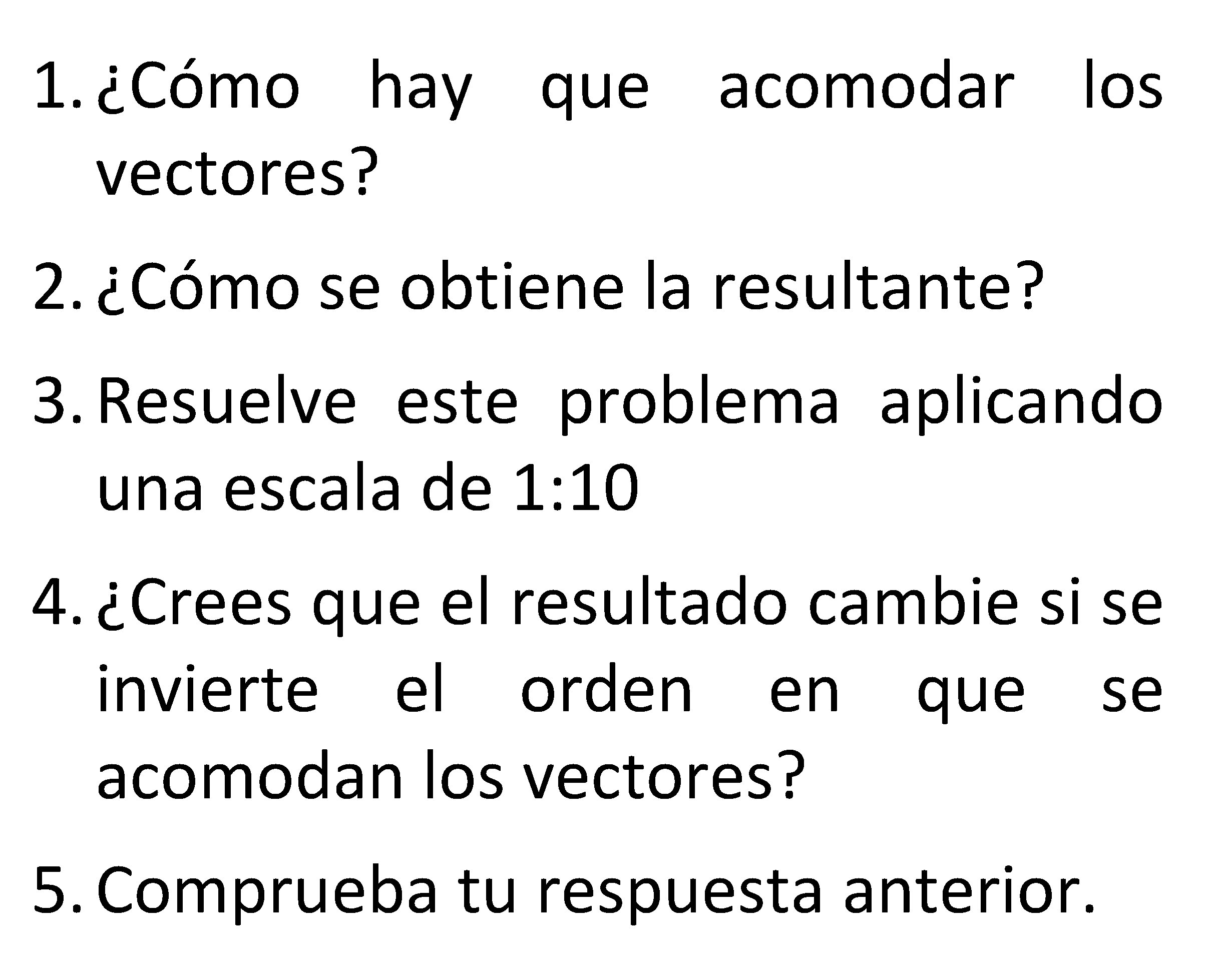 1. ¿Cómo hay que acomodar los vectores? 2. ¿Cómo se obtiene la resultante? 3.