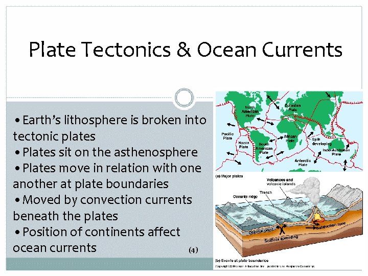 Plate Tectonics & Ocean Currents • Earth’s lithosphere is broken into tectonic plates •