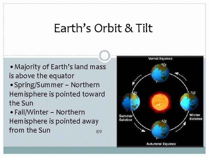 Earth’s Orbit & Tilt • Majority of Earth’s land mass is above the equator