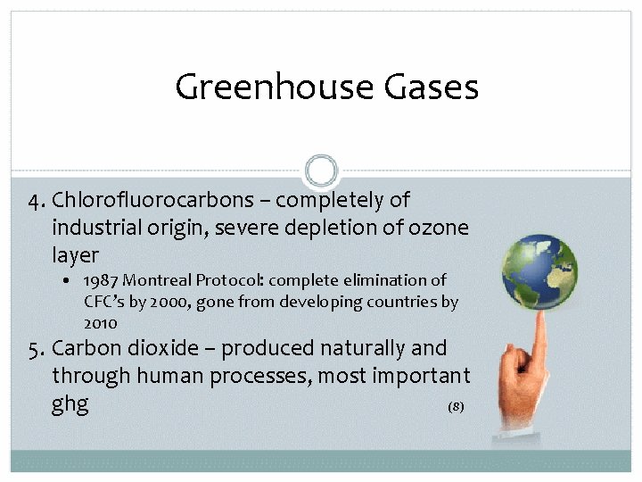 Greenhouse Gases 4. Chlorofluorocarbons – completely of industrial origin, severe depletion of ozone layer