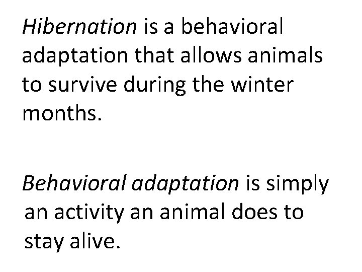 Hibernation is a behavioral adaptation that allows animals to survive during the winter months.