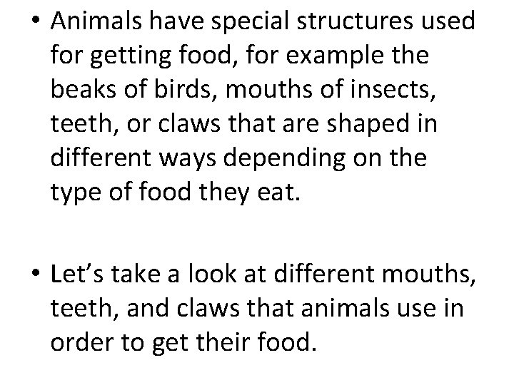  • Animals have special structures used for getting food, for example the beaks