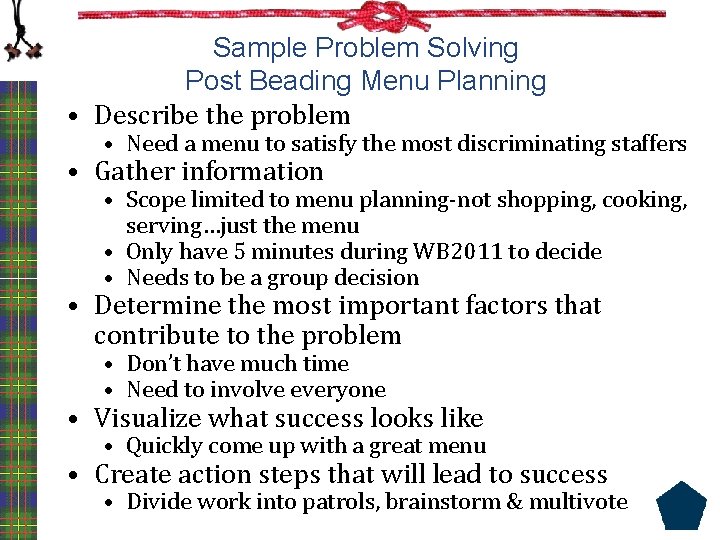 Sample Problem Solving Post Beading Menu Planning • Describe the problem • Need a