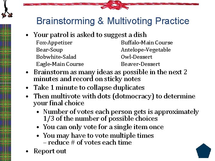 Brainstorming & Multivoting Practice • Your patrol is asked to suggest a dish Fox-Appetizer