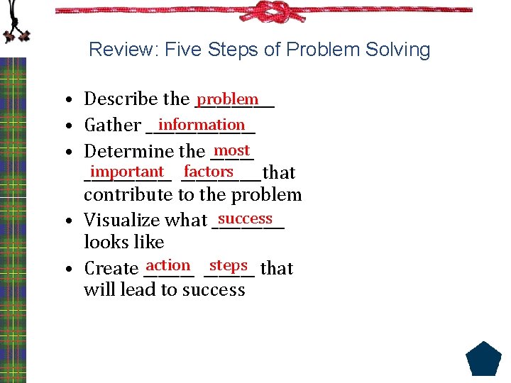 Review: Five Steps of Problem Solving problem • Describe the ______ information • Gather