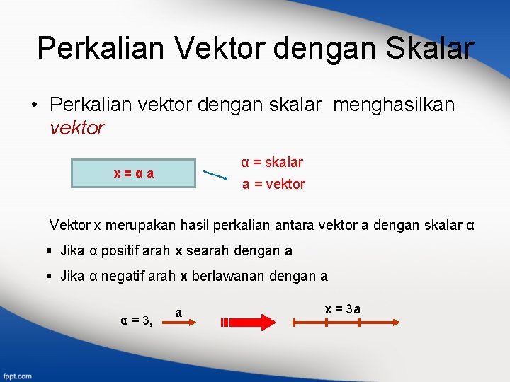 Perkalian Vektor dengan Skalar • Perkalian vektor dengan skalar menghasilkan vektor α = skalar