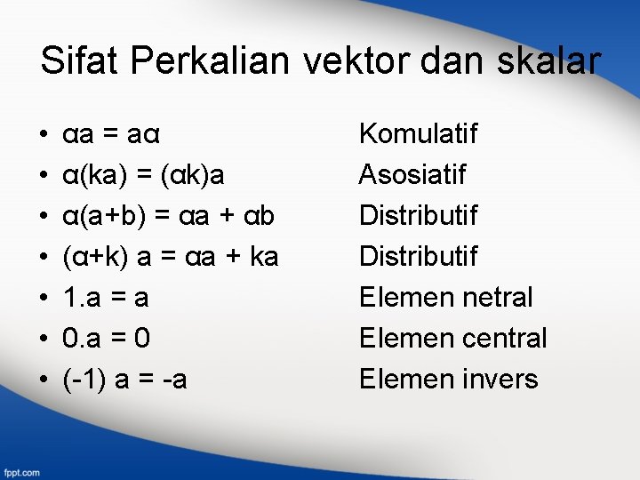 Sifat Perkalian vektor dan skalar • • αa = aα α(ka) = (αk)a α(a+b)