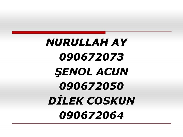 NURULLAH AY 090672073 ŞENOL ACUN 090672050 DİLEK COSKUN 090672064 