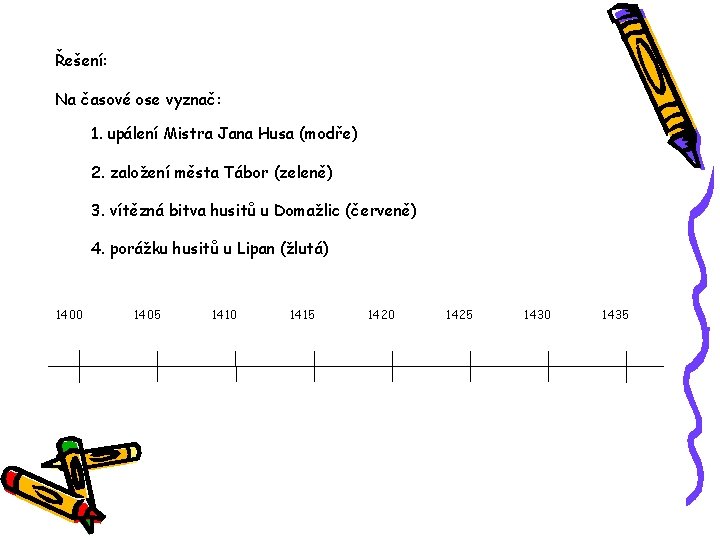 Řešení: Na časové ose vyznač: 1. upálení Mistra Jana Husa (modře) 2. založení města