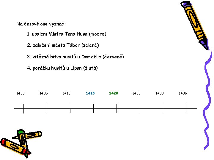 Na časové ose vyznač: 1. upálení Mistra Jana Husa (modře) 2. založení města Tábor