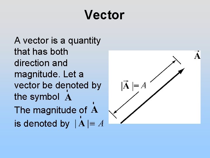 Vector A vector is a quantity that has both direction and magnitude. Let a