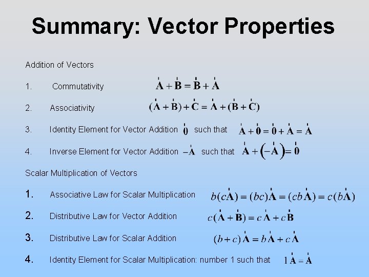 Summary: Vector Properties Addition of Vectors 1. Commutativity 2. Associativity 3. Identity Element for