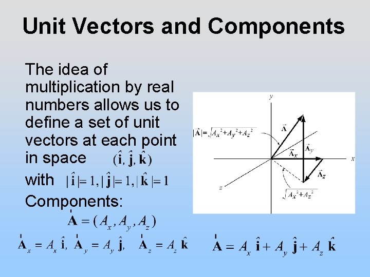 Unit Vectors and Components The idea of multiplication by real numbers allows us to