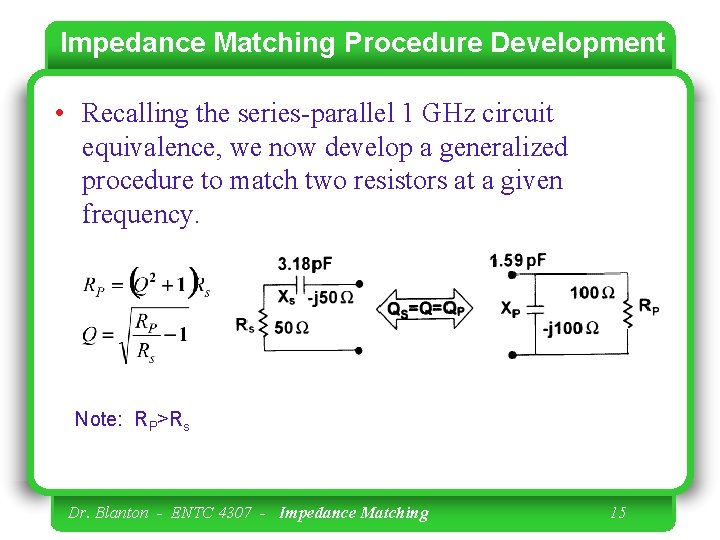 Impedance Matching Procedure Development • Recalling the series-parallel 1 GHz circuit equivalence, we now