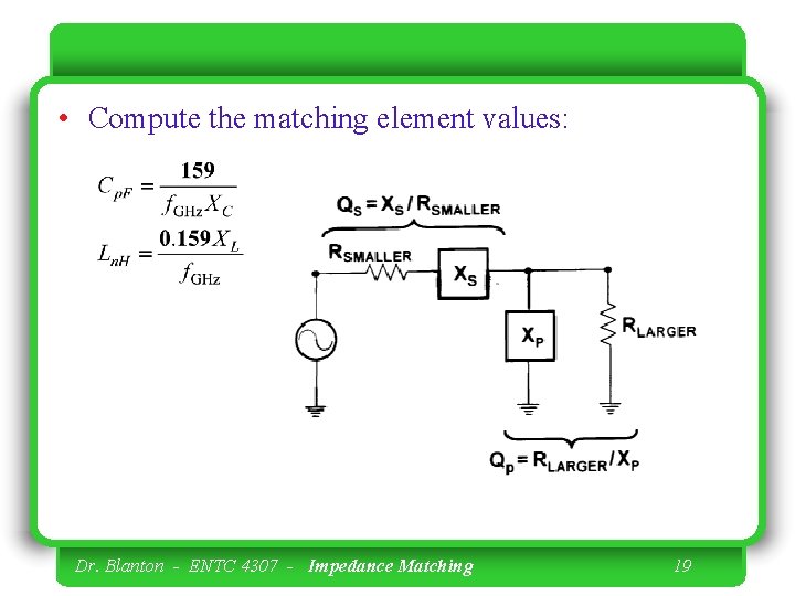  • Compute the matching element values: Dr. Blanton - ENTC 4307 - Impedance