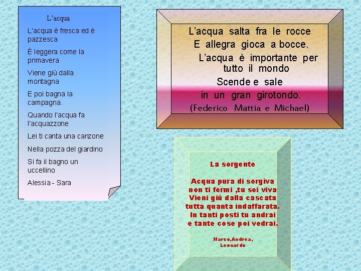 L’acqua salta fra le rocce E allegra gioca a bocce. L’acqua è importante per