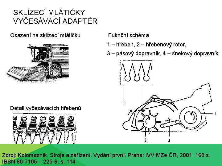 SKLÍZECÍ MLÁTIČKY VYČESÁVACÍ ADAPTÉR Osazení na sklízecí mlátičku Fuknční schéma 1 – hřeben, 2