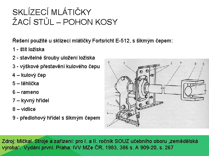 SKLÍZECÍ MLÁTIČKY ŽACÍ STŮL – POHON KOSY Řešení použité u sklízecí mlátičky Fortsricht E-512,