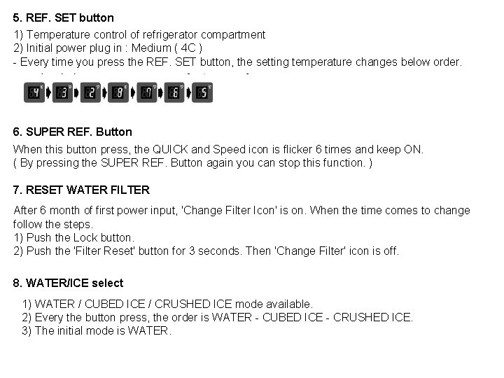 5. REF. SET button 1) Temperature control of refrigerator compartment 2) Initial power plug
