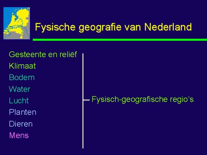 Fysische geografie van Nederland Gesteente en reliëf Klimaat Bodem Water Lucht Planten Dieren Mens