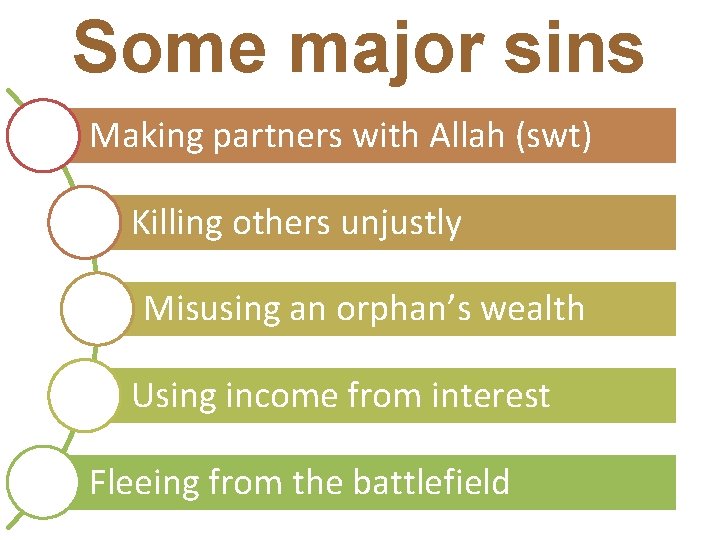 Some major sins Making partners with Allah (swt) Killing others unjustly Misusing an orphan’s