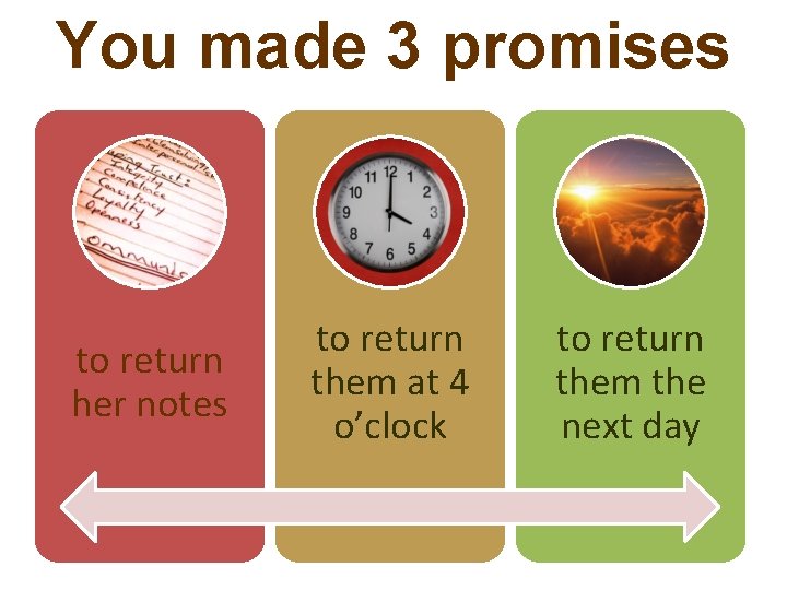 You made 3 promises to return her notes to return them at 4 o’clock