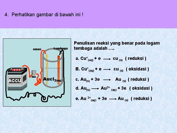 4. Perhatikan gambar di bawah ini ! emas (-) tembaga Penulisan reaksi yang benar