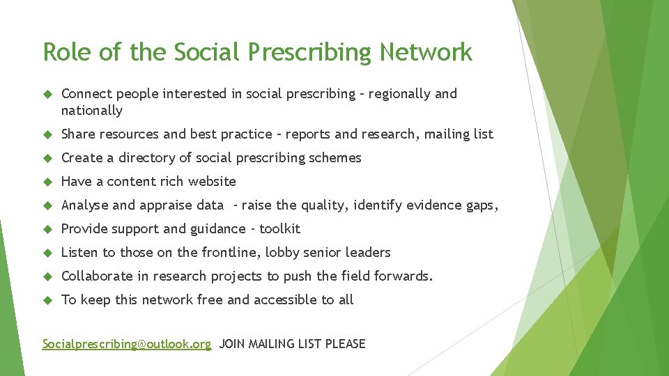 Role of the Social Prescribing Network Connect people interested in social prescribing – regionally