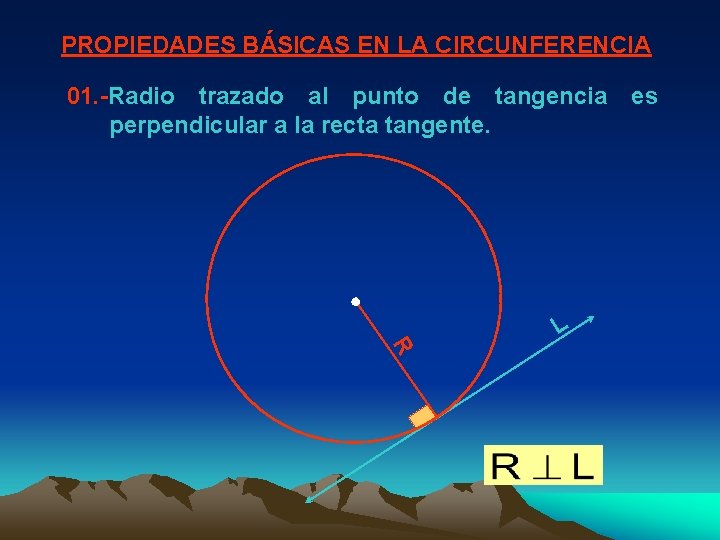 PROPIEDADES BÁSICAS EN LA CIRCUNFERENCIA 01. -Radio trazado al punto de tangencia perpendicular a