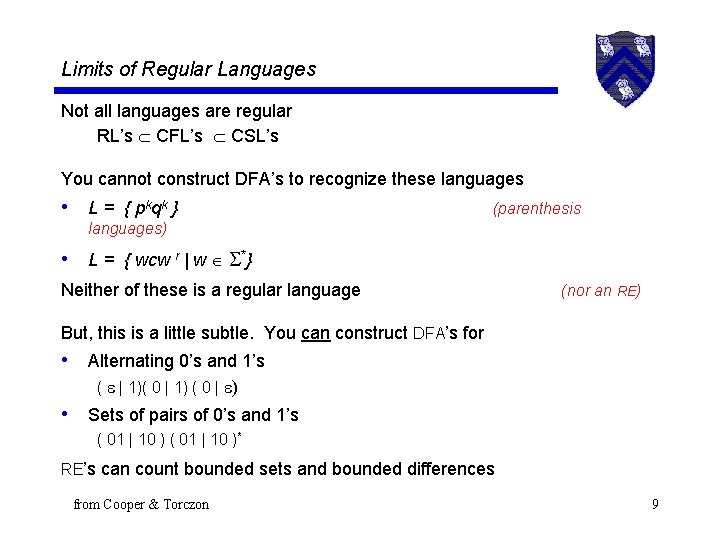 Limits of Regular Languages Not all languages are regular RL’s CFL’s CSL’s You cannot