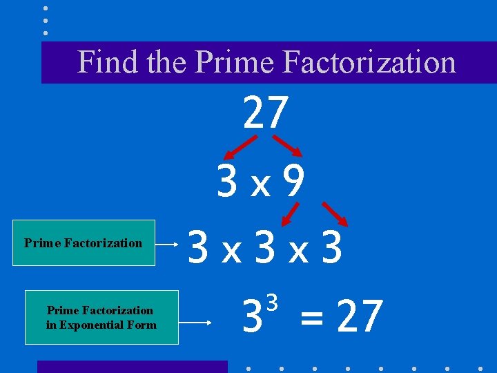 Find the Prime Factorization in Exponential Form 27 3 x 9 3 x 3