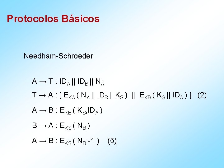 Protocolos Básicos Needham-Schroeder A → T : IDA || IDB || NA T →