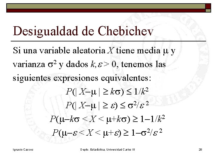 Desigualdad de Chebichev Si una variable aleatoria X tiene media m y varianza s