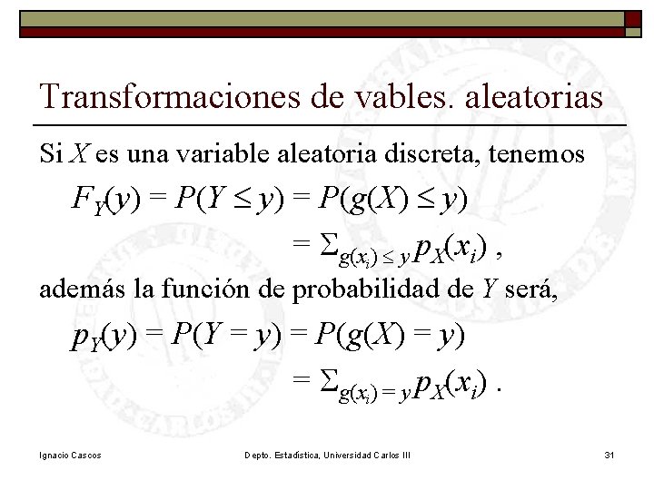 Transformaciones de vables. aleatorias Si X es una variable aleatoria discreta, tenemos FY(y) =