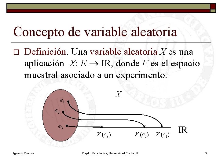 Concepto de variable aleatoria o Definición. Una variable aleatoria X es una aplicación X: