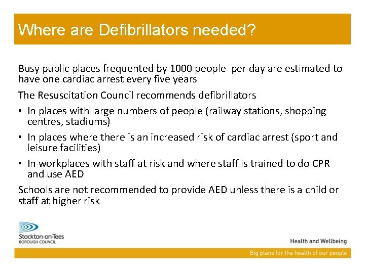 Where are Defibrillators needed? Busy public places frequented by 1000 people per day are
