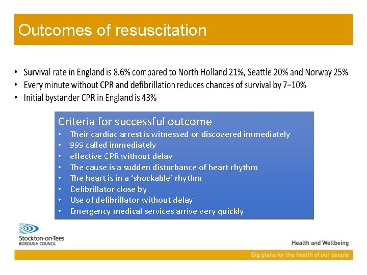 Outcomes of resuscitation Criteria for successful outcome • • Their cardiac arrest is witnessed