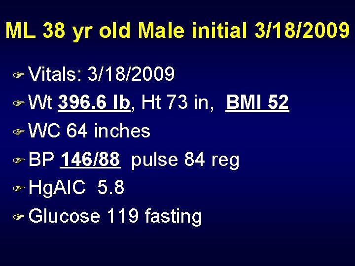 ML 38 yr old Male initial 3/18/2009 F Vitals: 3/18/2009 F Wt 396. 6