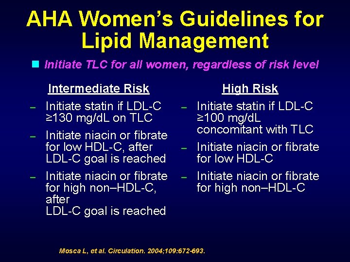 AHA Women’s Guidelines for Lipid Management n Initiate TLC for all women, regardless of