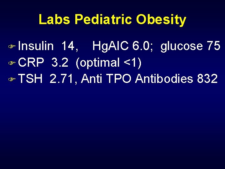Labs Pediatric Obesity F Insulin 14, Hg. AIC 6. 0; glucose 75 F CRP