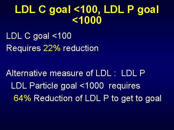 LDL C goal <100, LDL P goal <1000 LDL C goal <100 Requires 22%