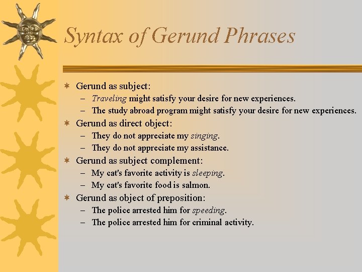 Syntax of Gerund Phrases ¬ Gerund as subject: – Traveling might satisfy your desire
