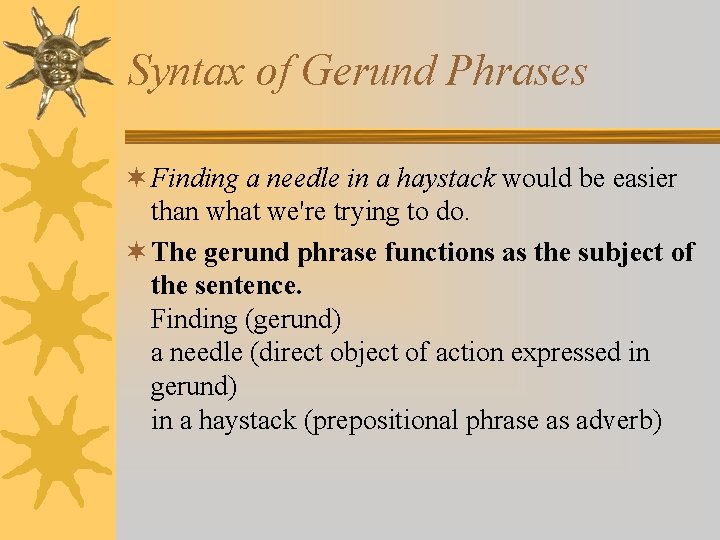 Syntax of Gerund Phrases ¬ Finding a needle in a haystack would be easier