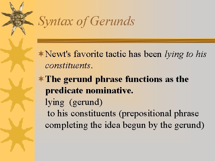 Syntax of Gerunds ¬Newt's favorite tactic has been lying to his constituents. ¬The gerund